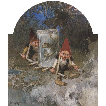 Classic bearded gnomes carrying a glass, watercolor by Heinrich Schlitt.