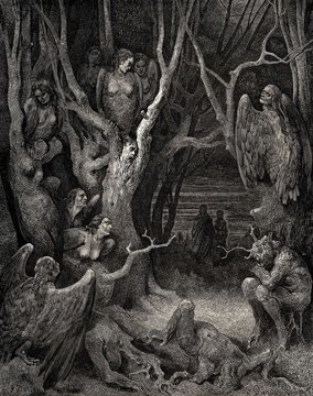 Dore engraving of harpies, bird-bodied women, in the Wood of the Suicides.