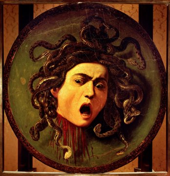 Caravaggio's Medusa: a screaming snake-haired severed head on a round shield.