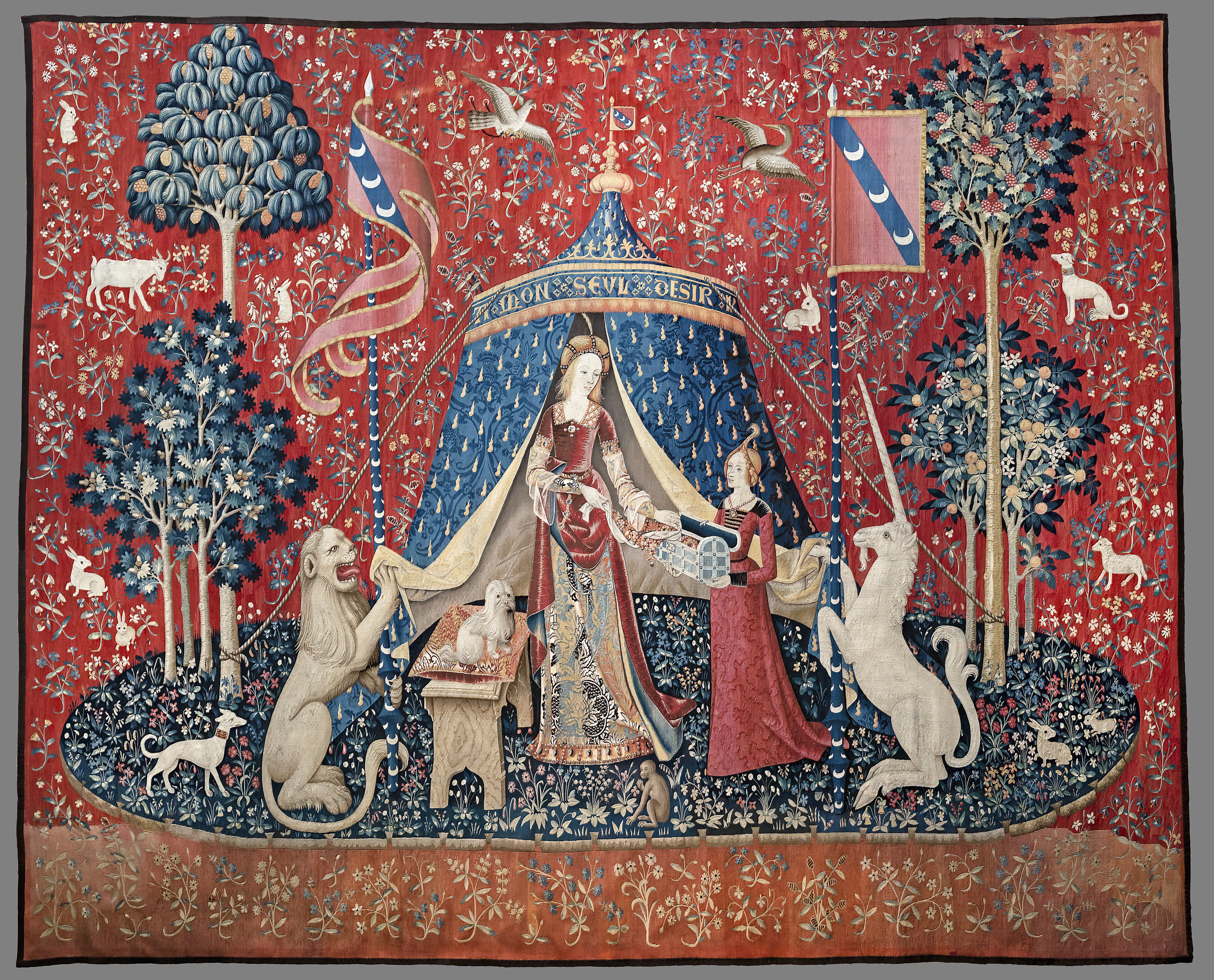 The unicorn from the medieval Lady and the Unicorn tapestry series.