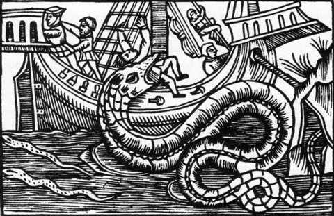 Olaus Magnus woodcut of a great sea serpent attacking a ship.
