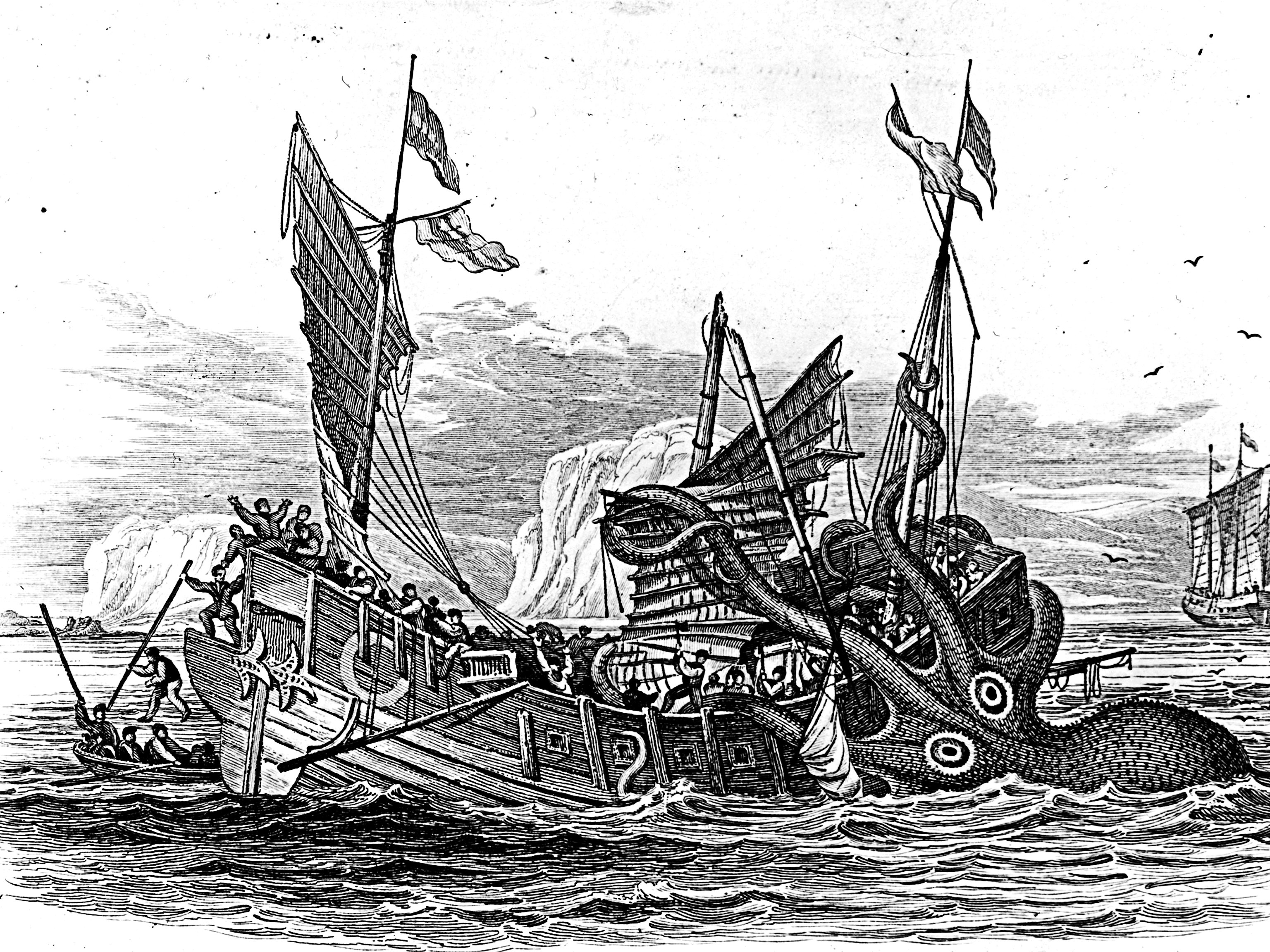 Engraving of a colossal octopus attacking a sailing ship.