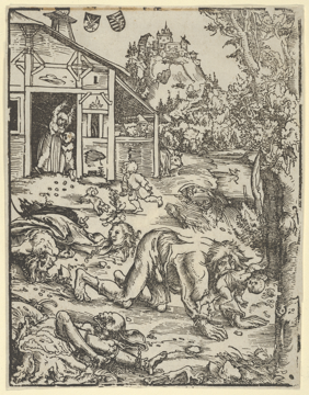 Cranach woodcut of a werewolf attacking a village.