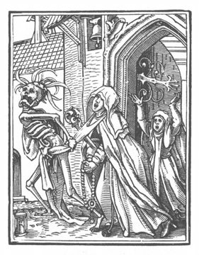 Holbein woodcut of an animated skeleton from the Dance of Death.