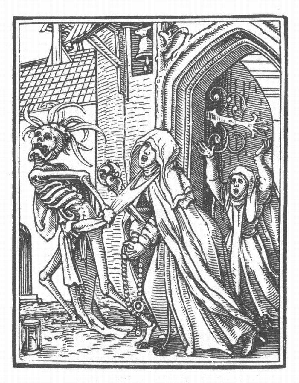 Holbein woodcut of an animated skeleton from the Dance of Death.