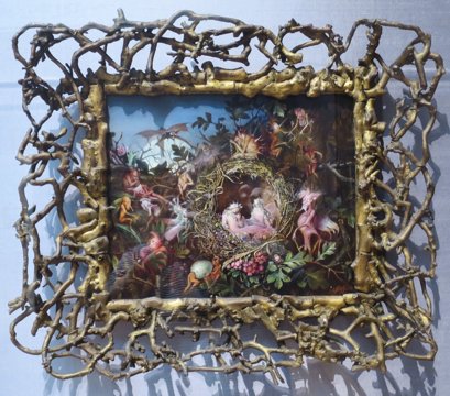 Victorian fairy painting of tiny winged pixies around a bird's nest.