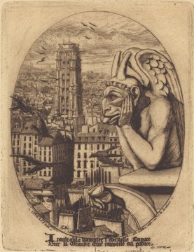 Meryon etching of the horned Notre-Dame gargoyle brooding over Paris.