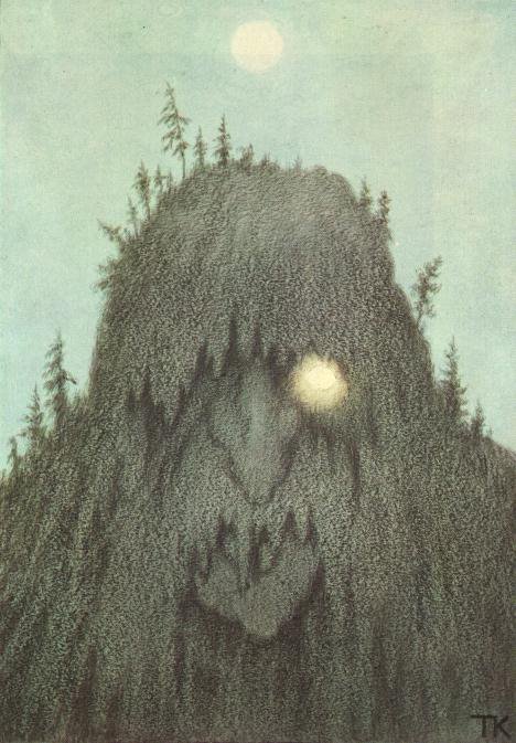 Theodor Kittelsen's looming forest troll among moonlit trees.