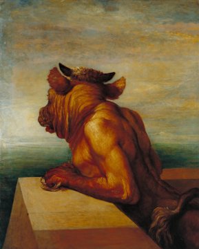 Painting of a bull-headed minotaur leaning on a parapet, by G.F. Watts (1885).