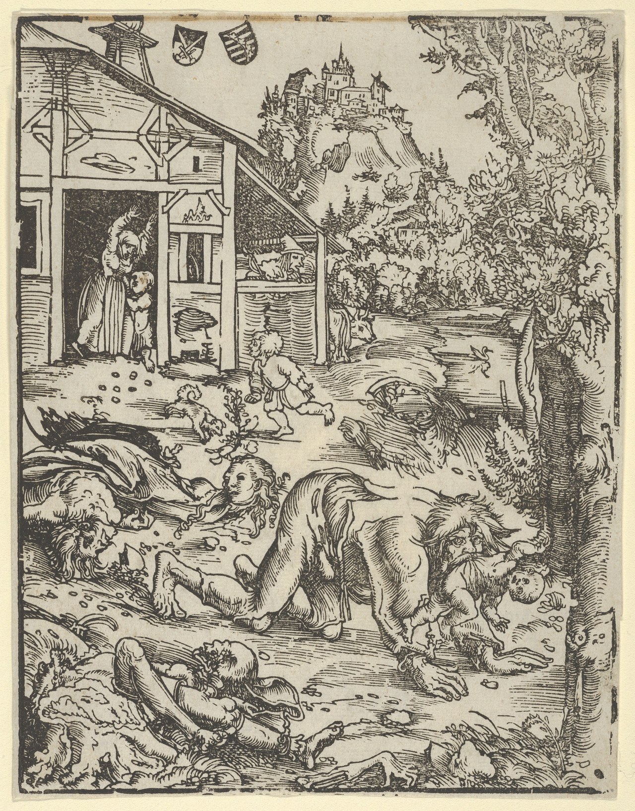 Cranach woodcut of a werewolf attacking a village.