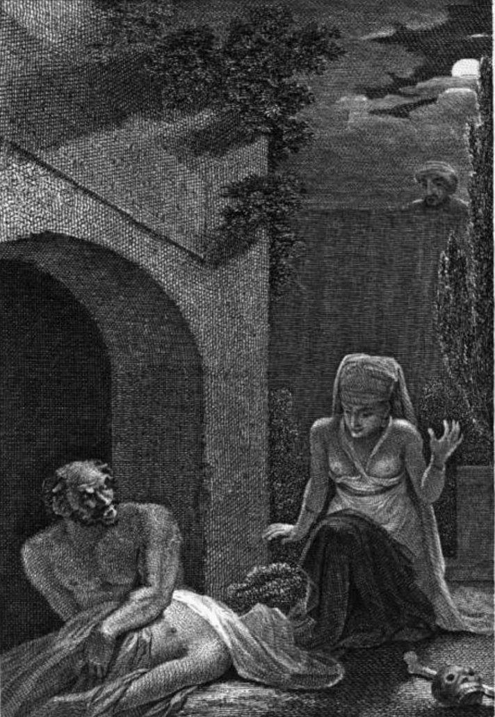 Engraving of a ghoul in a graveyard at night, from the Arabian Nights.