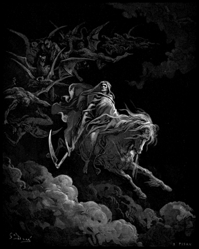Dore engraving of a spectral Death figure amid winged demons.