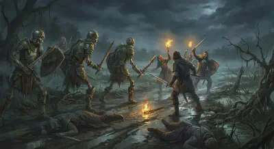 Skeletons ambush the party on the marshland road