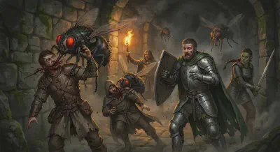 Giant carnivorous flies attack the party in the barrow corridor, killing two henchmen in seconds