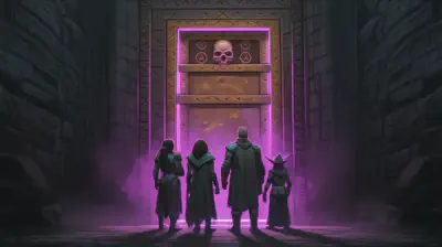 The Nergalite bronze door glows with sinister magical aura, skull of Nergal embossed at the top, pentagrams framing the keyhole