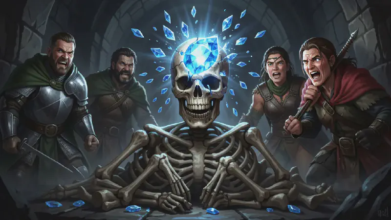 The blue sapphire set in a skeleton&rsquo;s forehead cracks apart in a burst of light as the skeleton collapses into a heap of bone; the adventurers&rsquo; faces are lit from below by the flash, fierce with triumph.