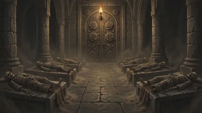 A long hall of ancient stone pillars lit by a single torch, with rows of raised slabs down both sides, each bearing a skeleton laid out in the rotted rags of a priest&rsquo;s robe; the great double doors at the far end are carved with an elaborate bas-relief of roses and thorns.