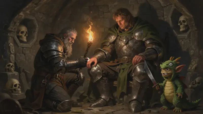 A dwarf holding a torch close and working a knife into the forearm of a seated man in plate armour and a green cloak, in a chamber walled with skull alcoves, a small goblin in a green dragon costume standing by with a bloodied knife